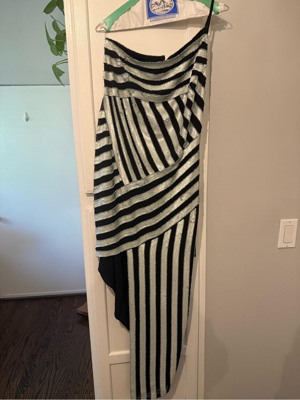 ASOS Black and White One-Shoulder Striped Sequence Dress